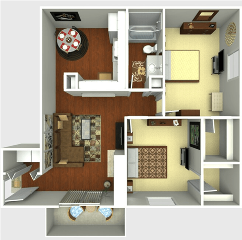 Floor plan for 2 beds, 1 bath, 837 sqft